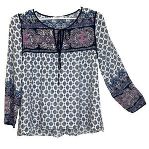 Entro Peasant Top Womens Sz Large Mixed Print Multicolor Long Sleeve Tie V-Neck